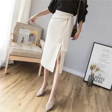 Элегантные темпераментные женские офисные юбки с высокой талией, бандажная юбка с разрезом, трендовая однотонная женская облегающая юбка