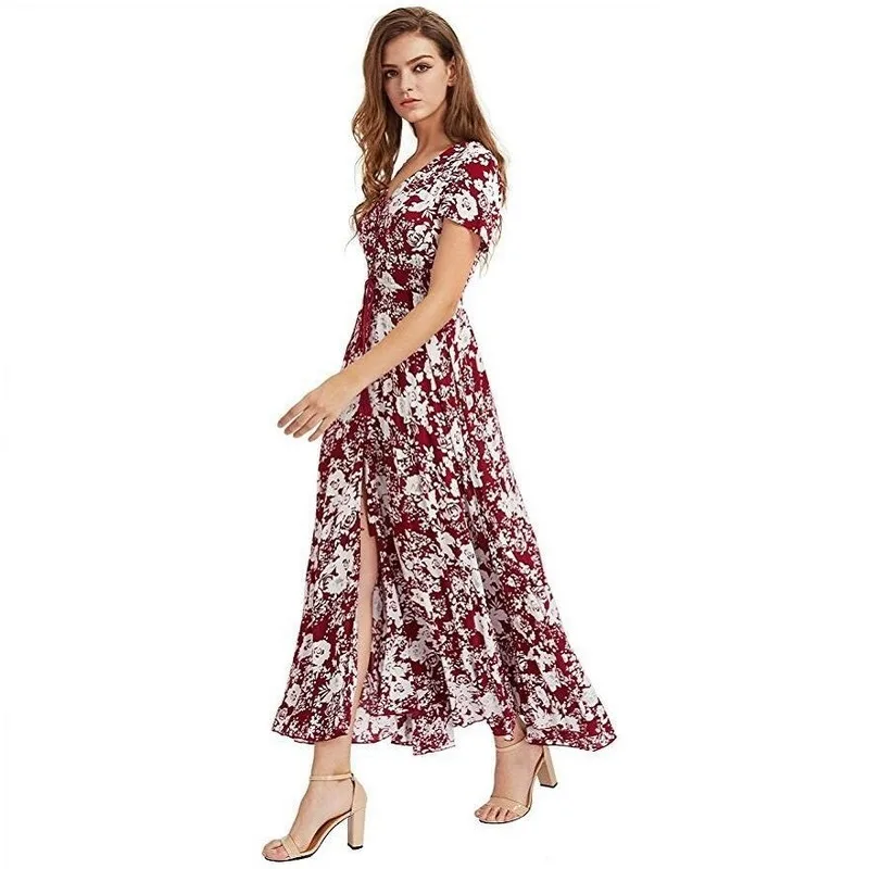 Женское летнее платье-макси с разрезом цветочным принтом и пуговицами | Женская