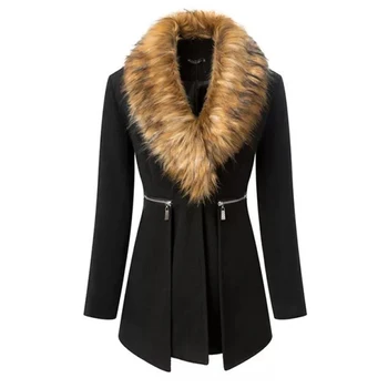 

Black Fashion Coat Female New Autumn Winter Women Parka Long Windproof Coat Women Luxury Faux Fur Collars Stitching Wool Coat