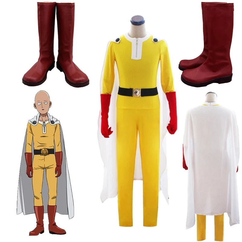 2021 Аниме One Punch-Man Косплей костюмы Сайтама боевой костюм красные высокие сапоги