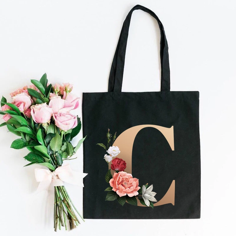 Flower Letter Font A B C D E F G Shopping Canvas Tote Casual Large-capacity Eco Flower Shopper Bag Harajuku Shoulder Bags