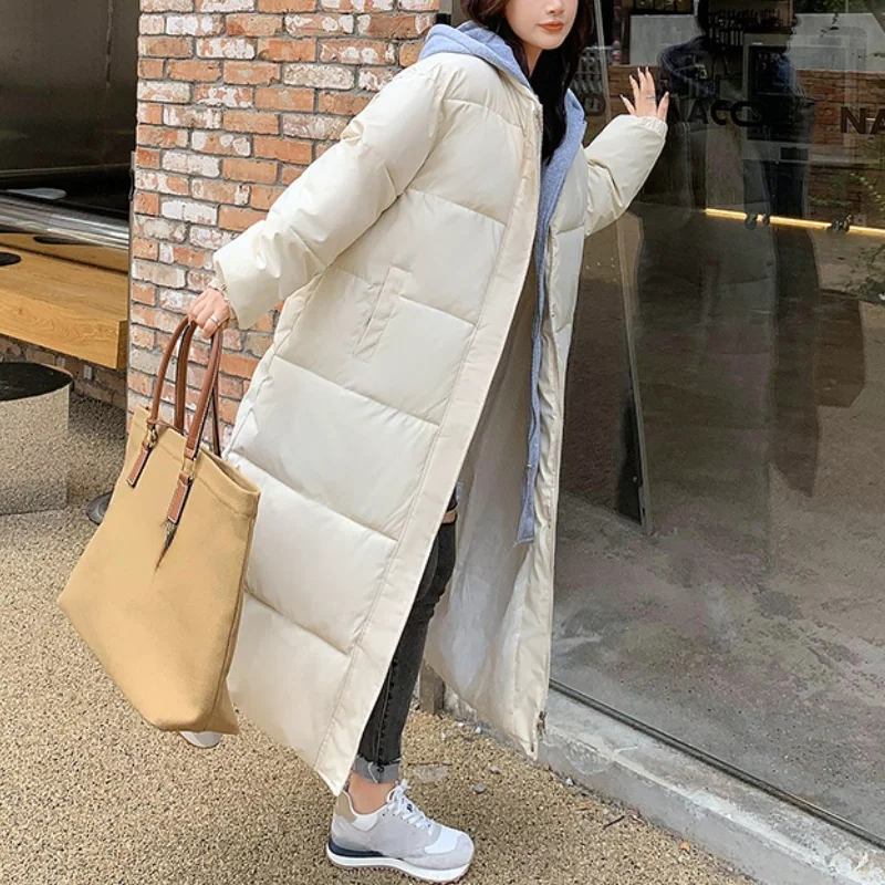 

Winter Down Puffer Jacket Women Casual Fake Two Piece Warm Parkas Coat Female Korean Fashion Long Thick Hooded Overcoat 2021 New