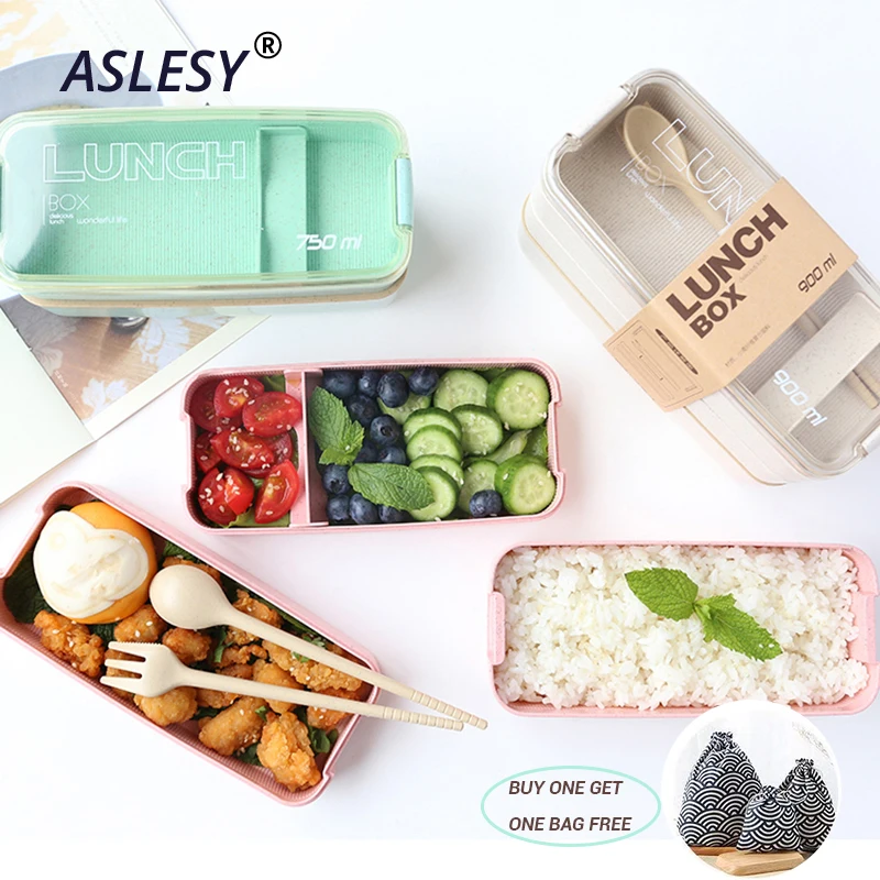 

Wheat Straw Lunch Box Healthy Material with Bags Portable Bento Boxes Microwave Dinnerware Food Storage Container Stackable Box