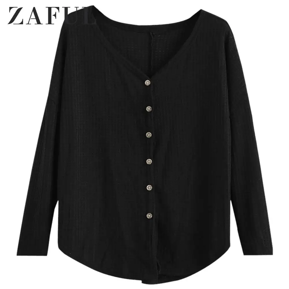 

ZAFUL Women Openknit Curved Hem Cardigan Drop Shoulder Button Up Long Sleeve Cardigan Curved Hem V-Neck Autumn New 2019