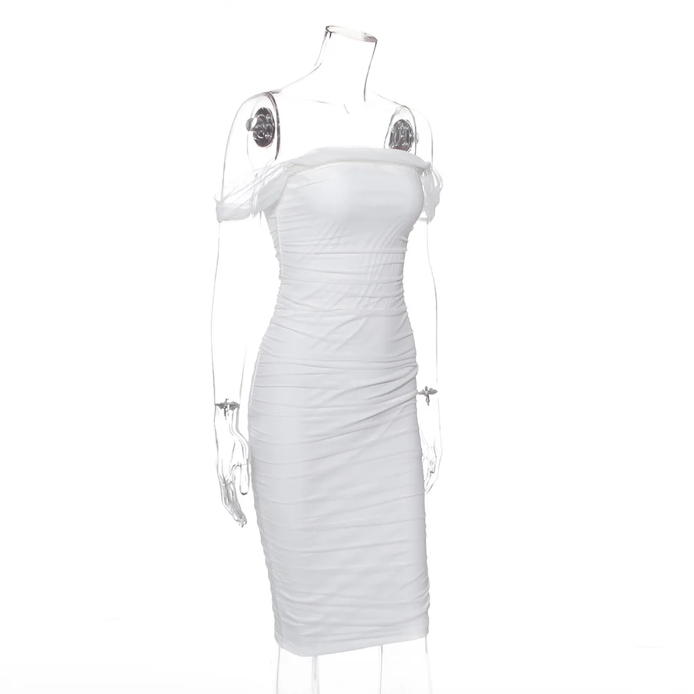 Криптографическое сексуальное Сетчатое платье с открытой спиной и рюшами для женщин, белые элегантные вечерние платья миди без бретелек, облегающее платье