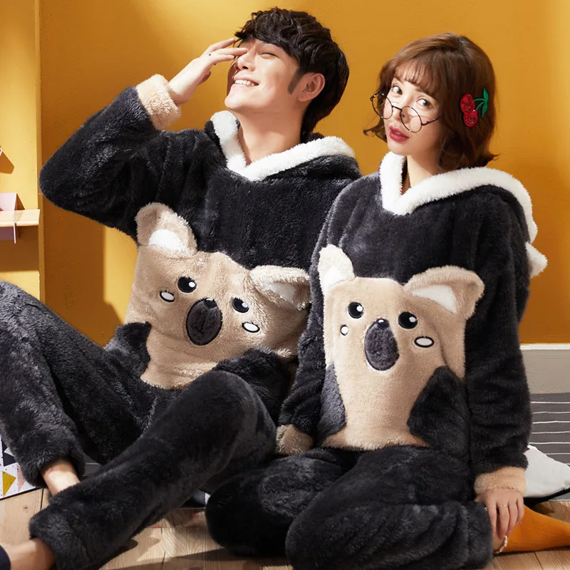 Мужская Корейская версия милой и милой домашней одежды Коралловая пара пижамы, wo Мужская теплая фланелевая