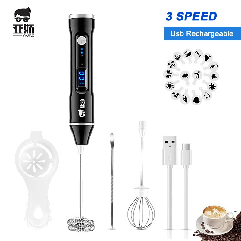 YAJIAO-Espumador de leche eléctrico portátil, máquina de espuma recargable con pantalla LCD, vaporizador de mano, Mezclador de 3 velocidades, varita de espuma de café