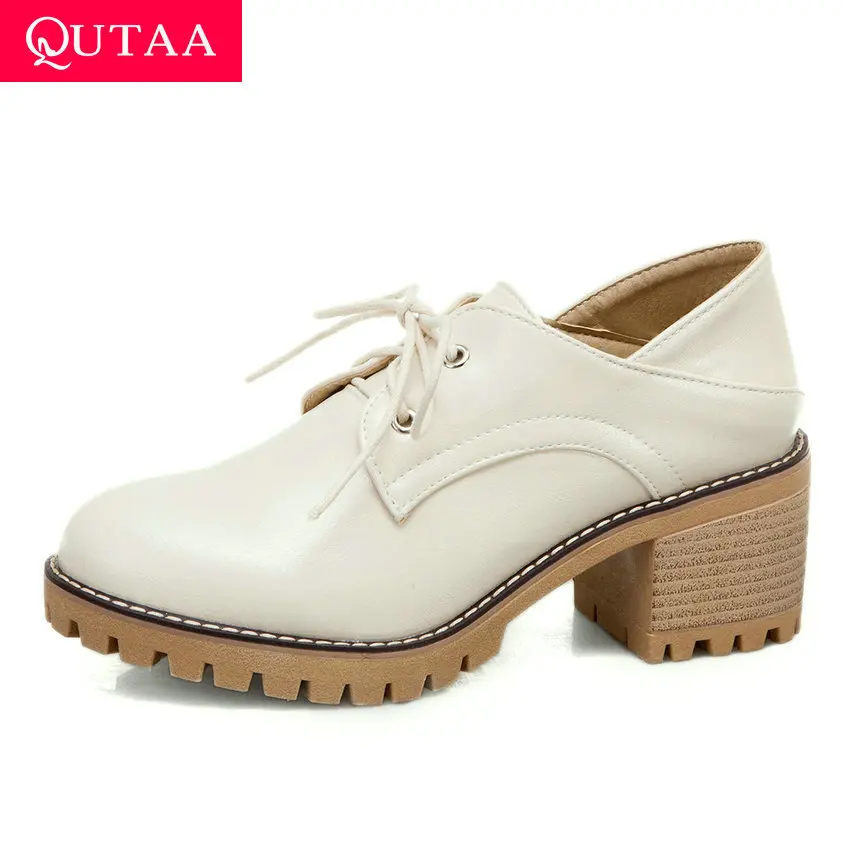 

QUTAA 2020 Casual Round Toe Spring Autumn Lace Up Ladies Pumps PU Leather Fashion Square Heel Women Single Shoes Big Size 34-43