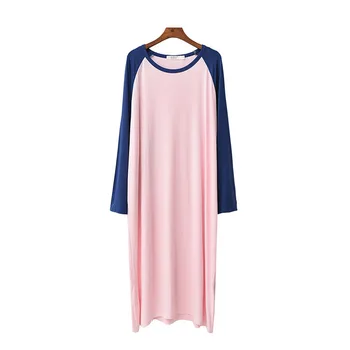 

Modal New Nightgown Female Summer Thin Casual Cozy Sleepwear Fashion Color Block Long Sleeves Loose O-neck Plus Size Sleep Dress
