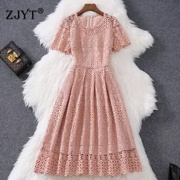 

Crochet Hollow Out Lace Dress Runway Designers Summer Clothes for Women 2020 New Short Sleeve Elegant Party Vestidos