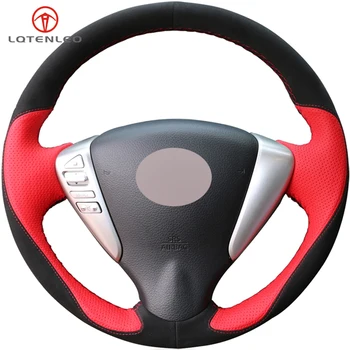 

LQTENLEO Black Suede Red Leather Car Steering Wheel Cover For Nissan Tiida Sylphy 2011-2015 Versa 2014-2019 NV200 Sentra Livina