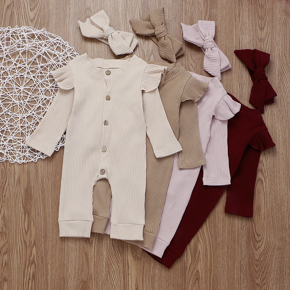 Однотонные осенние комплекты одежды для новорожденных девочек и мальчиков трикотажный комбинезон с рюшами и рукавами-крылышками, комбинезон с бантом, комплект из 2 предметов для малышей от 0 до 24 месяцев