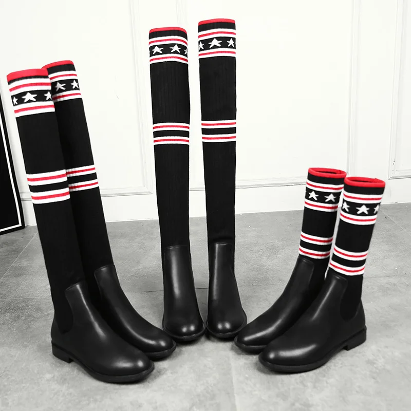 Зимние сапоги Женские черные носки 2020 года Высокие облегающие выше колена зимние