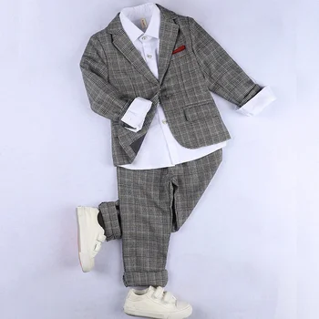 Najtaniej Jeden Przycisk Tweed Plaid Chłopięcy Garnitur 2 Sztuk Dziecko Fromal Sukienka Garnitury ślubne Dziecko Szary Smoking Kid Blezer Ze Spodniami Zestaw 2020