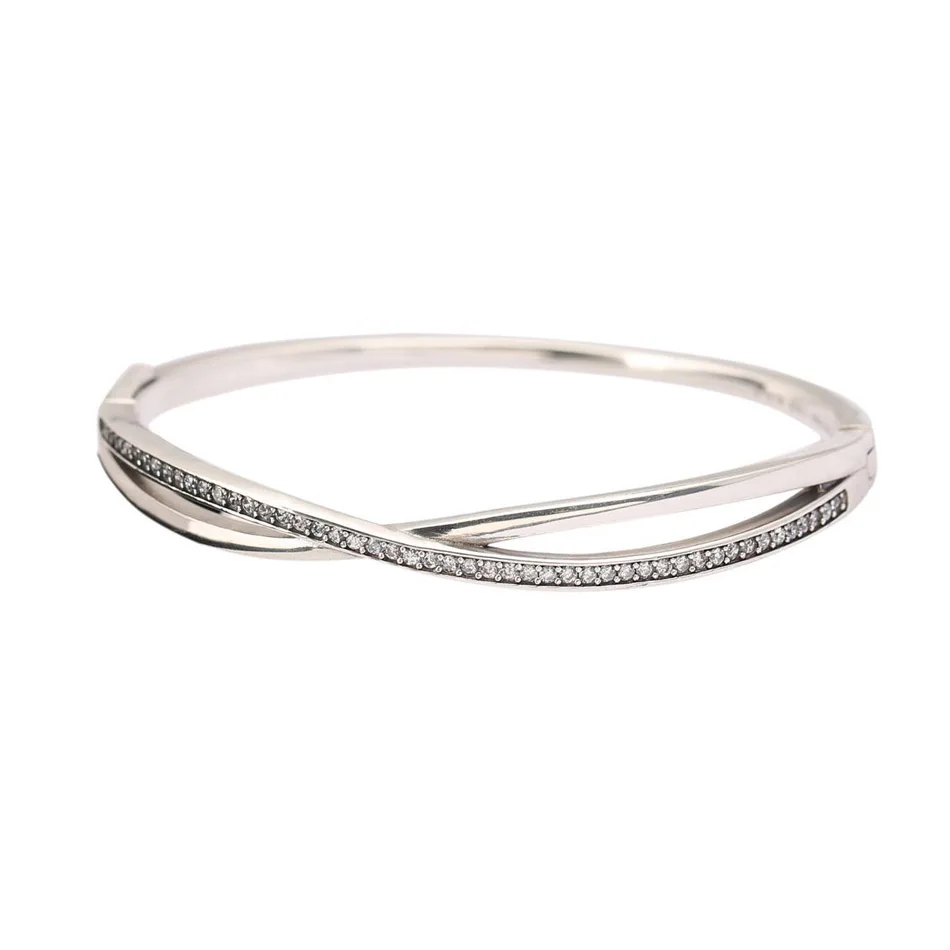 

Authentic 925 Sterling Silver Entwined Clear CZ Bangle Bracelet For Women Wedding Gift fit Lady Fine Jewelry