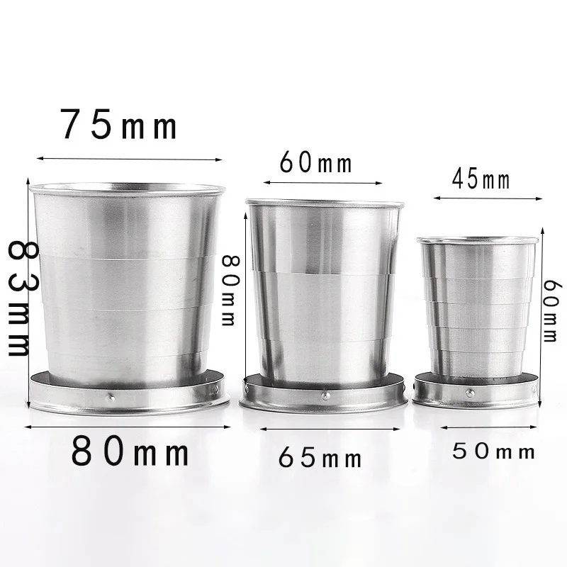 Metal Stainless Steel Folding Cup Keychain Portable Beer Tea Glass Water Foldable Retractable Travel Mug Collapsible Coffee Cup