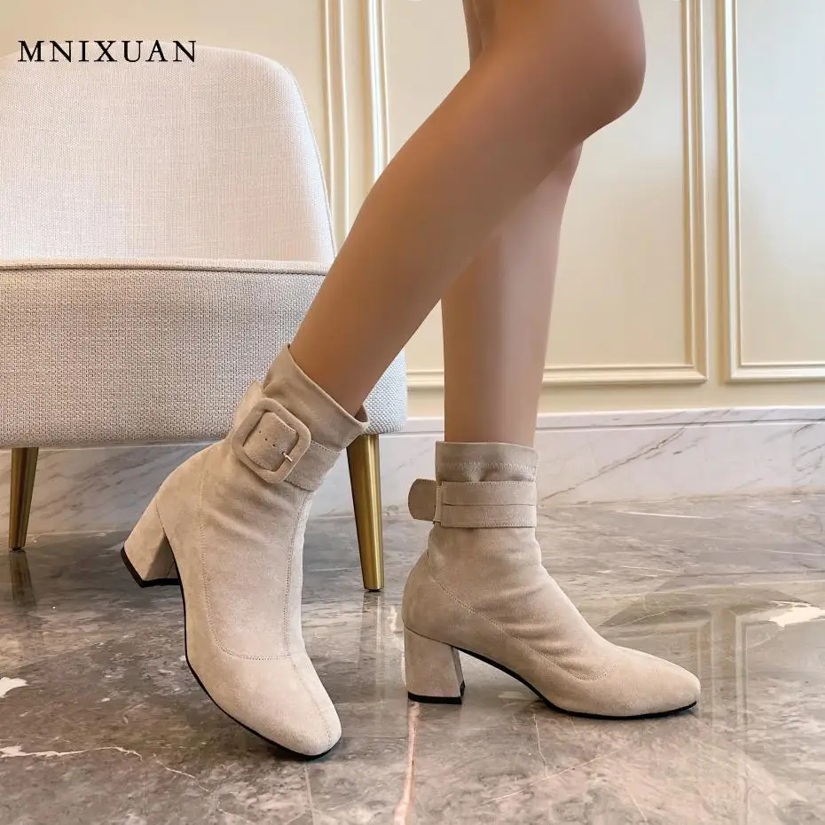 Женские сапоги до середины икры MNIXUAN осенне-зимние короткие из эластичной замши