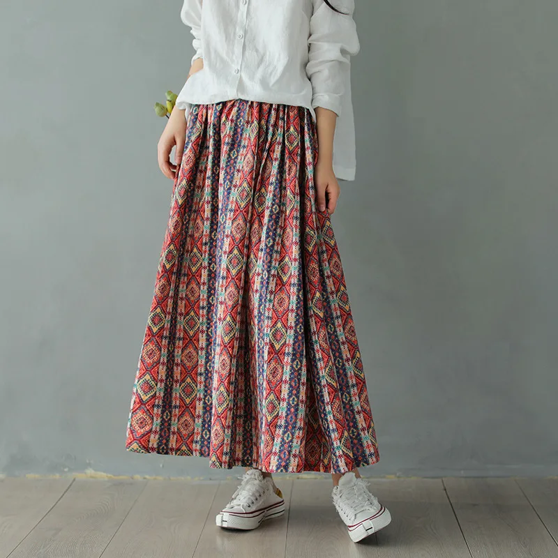 

Flax Digital Printing Skirt Women's Spring New Style Retro Literature And Art Loose-Fit Medium-length Dress Skirt