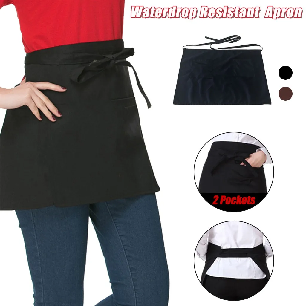 2 Pockets Waist Black Women Apron Waitresses Aprons Kitchen Half Apron New 2020 Brown Baking Waiter Apron Женский фартук #D