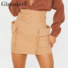 Glamaker, сексуальная юбка цвета хаки с завышенной талией и поясом, Женская мини-юбка с карманами на весну-лето, уличная одежда, вечерние, Клубные, шикарные юбки, новинка