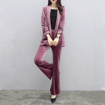 

Autumn winter new woman gold velvet casual suit sets fashion Slim Office Lady professional pants suits blazer and pants two sets