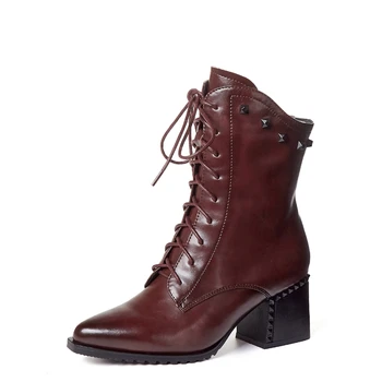 

Genuine Leather thick high heels Female Short Boots Winter autumn Women Ankle Boots Night Club Shoes Woman Rivets Chelsea Boots