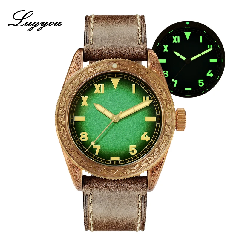 Lugyou San Martin Vintage Bronze Automatic Watch Unisex Carved Traditional Pattern Leather Strap SLN Glow Sapphire Gradual Dial | Наручные