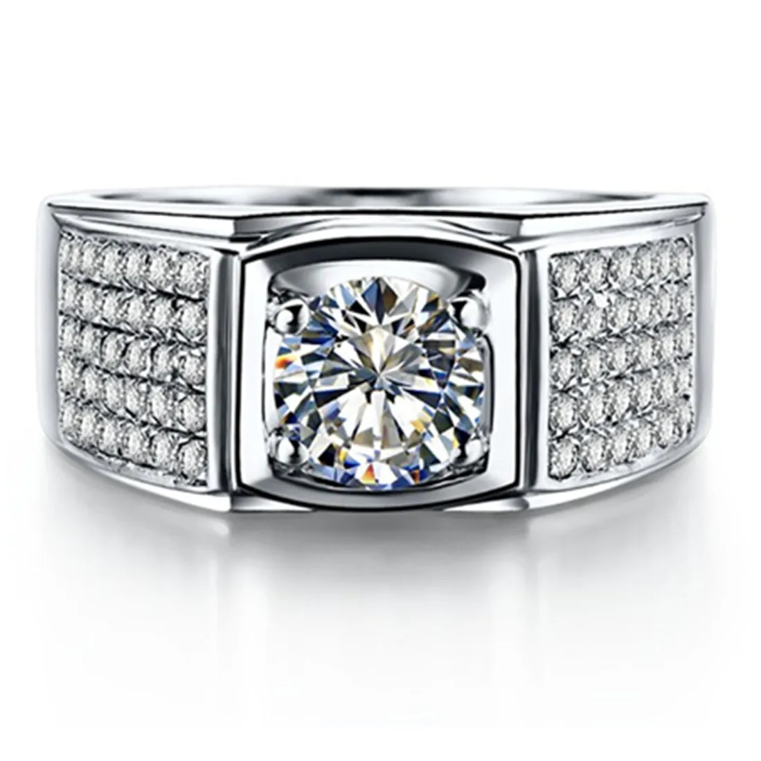 

5mm Width Solid 14K White Gold Test Positive Men Ring Jewelry 1Ct Moissanite Diamond Ring Man Luxury Engagement Brand Ring 585