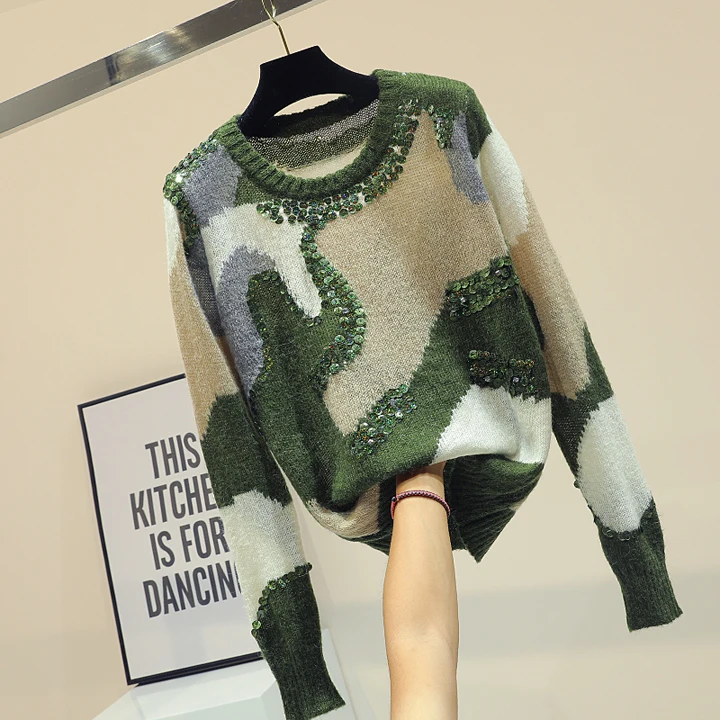 New Korean Women's Loose Sweater Girls Student Streetwear Lazy Wind Jumper Female Long Sleeve Sequins Knitted Shirt Pull Femme