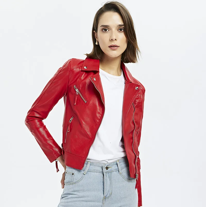 red faux leather Осенняя куртка из искусственной кожи женская короткая красная Черная Женская Мягкая мотоциклетная куртка женская модная велосипедная куртка на молнии Одежда - Цвет: red faux leather