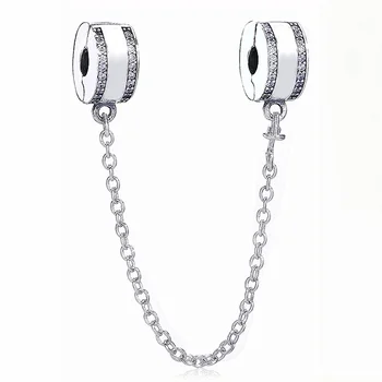 

New 925 Sterling Silver Bead Charm Insignia With Crystal Safety Chain Clip Beads Fit Bracelet Bangle DIY Jewelry