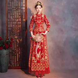 Красный шлейф Qipao женское традиционное свадебное платье 2019 Новое китайское Золотое Платье с вышивкой Cheongsam стиль Chinois Femme