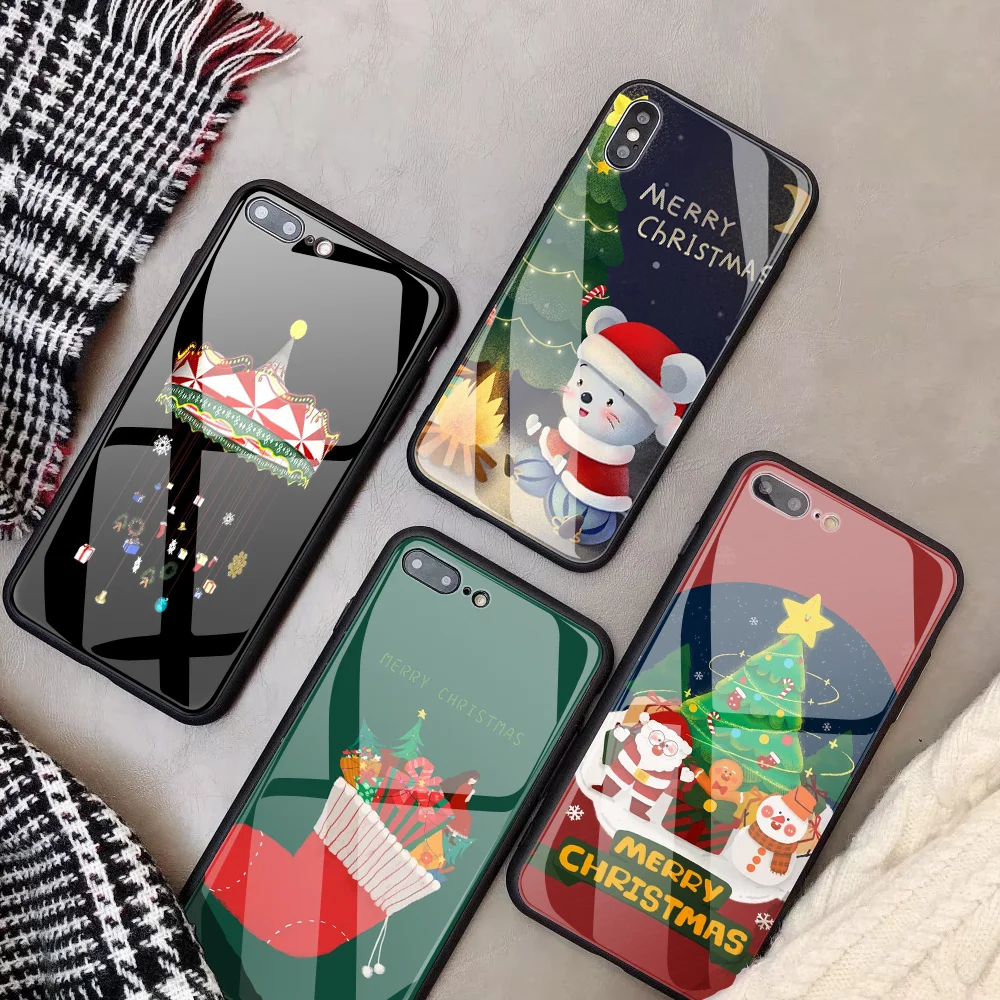 Рождественский чехол для Iphone 11 12 mini Pro MAX XR X 7 Plus 6s 8 стеклянный телефона новогодний