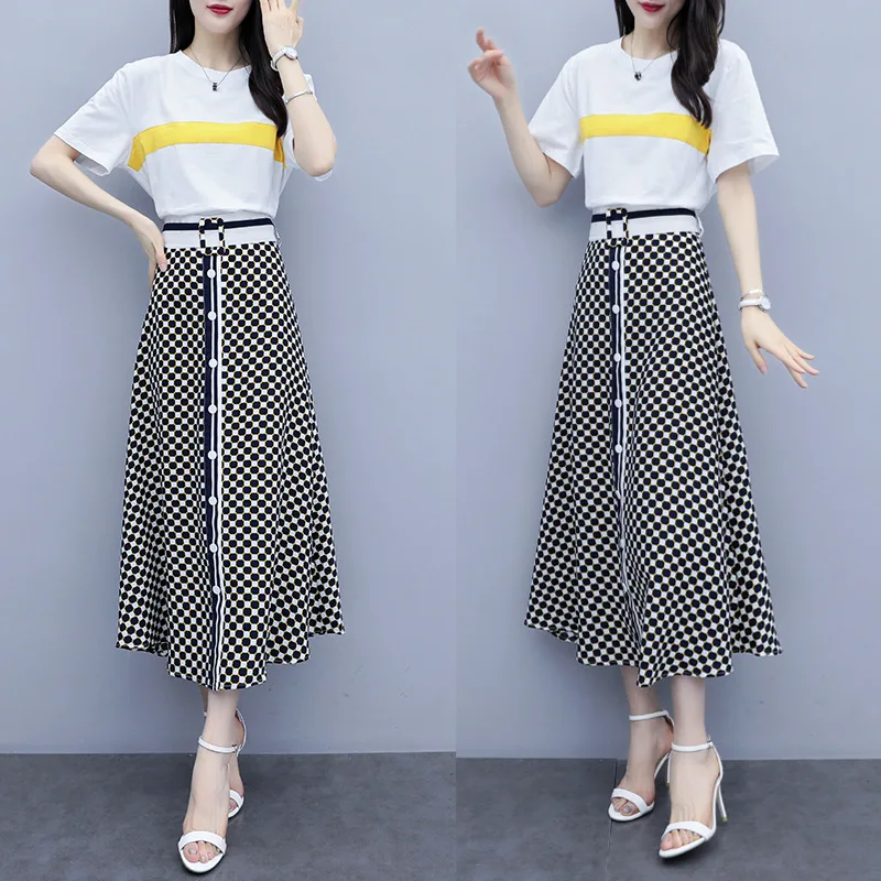 

2019 Summer New Style Large Size Dress Large GIRL'S Loose-Fit Slimming Fashion T-shirt + Skirt Two-Piece Set