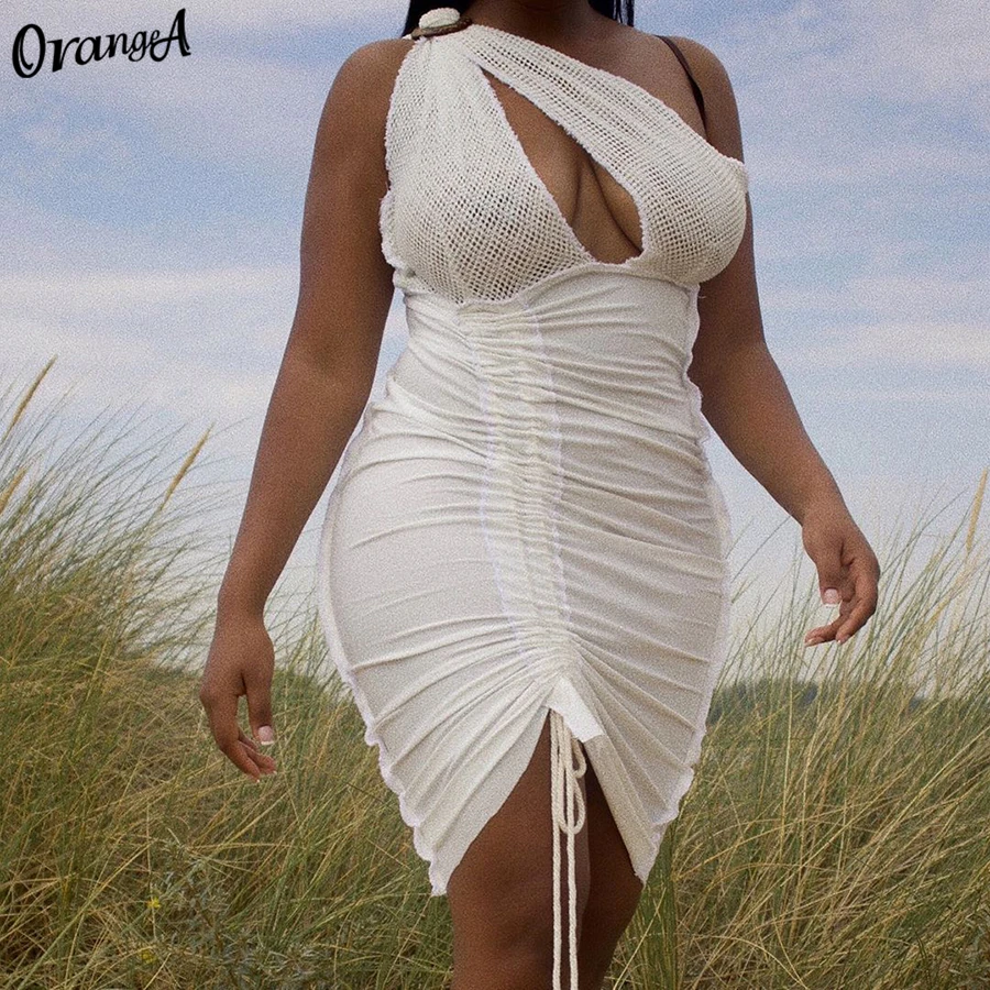

OrangeA Sexy Mesh Striped Patchwork One Shoulder Bodycon Dress Fashion Party Hot Street Asymmetry Slim Stacked Lace Up Clubwear