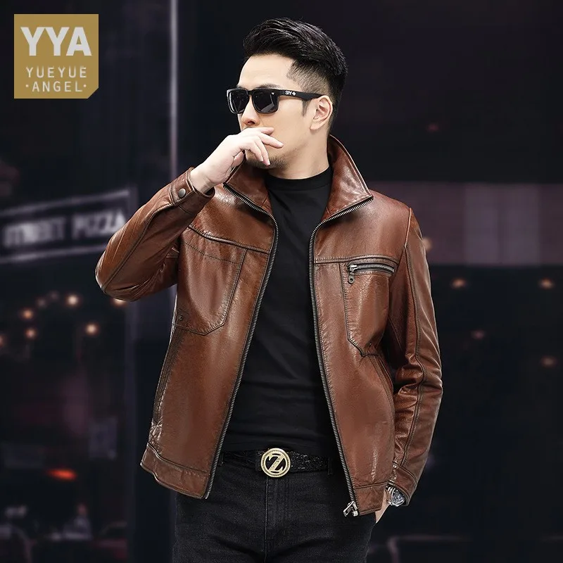 

New Fashion Mens Oil Wax Goatskin Work Jacket Business Man Slim Fit Genuine Leather Jacket Windproof Moto Biker Outerwear Coat