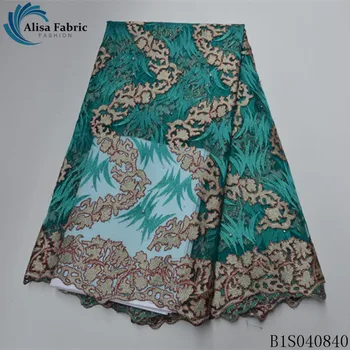 

Alisa green african net lace fabric embroidery with beads and stones 5 yards/pcs nigerian tulle laces fabrics for garment sewing