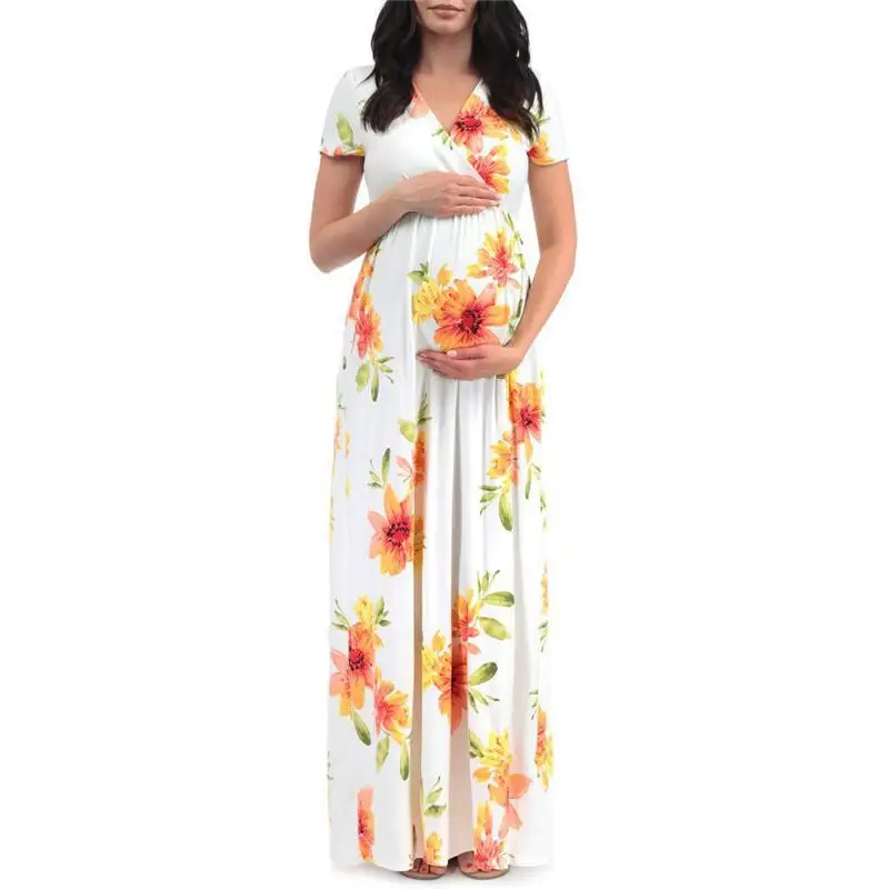 Summer V-neck Maternity Flower Print Short-sleeved Dress Long Pregnant Women Dress For Photo Shoot Gown Abiti Premaman Vestido - Цвет: 1