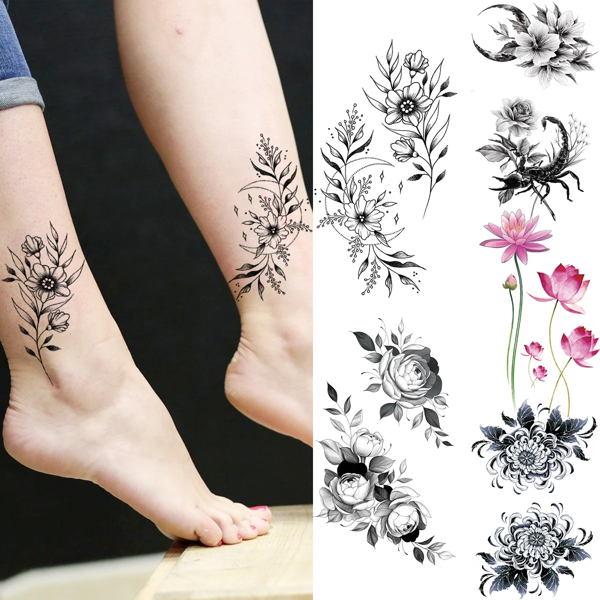 

3D Black Daisy Rose Flower Temporary Tattoos For Women Kids Lotus Scorpion Fake Tattoo Sticker Body Art Painting Washable Tatoos