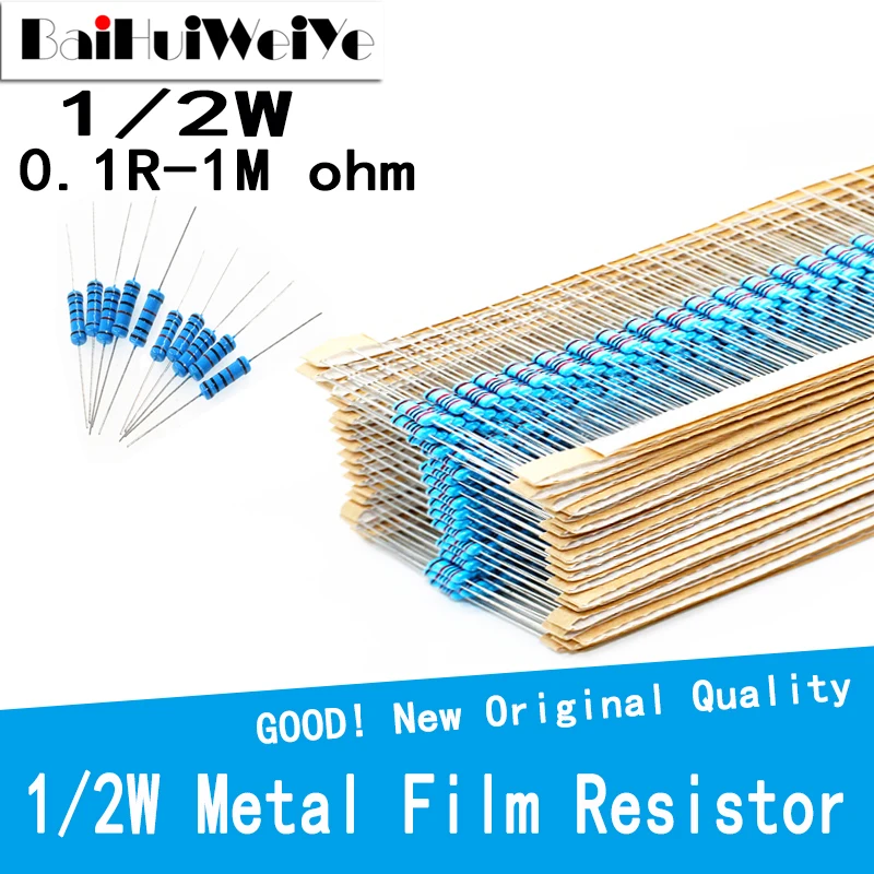 50PCS/LOT 1/2W 0.1R-1M 1% 1/2W Metal Film Resistor 100R 220R 330R 1K 1.5K 2.2K 3.3K 4.7K 10K 22K 47K 100K 100 220 330 1K5 ohm 50pcs 1 2w metal film resistor 1% 0 1r 5 6m 1 8r 2r 3 3r 10r 100r 220r 330r 1k 1 5k 3 3k 6 8k 10k 22k 47k 100k 1m 330 680 ohm