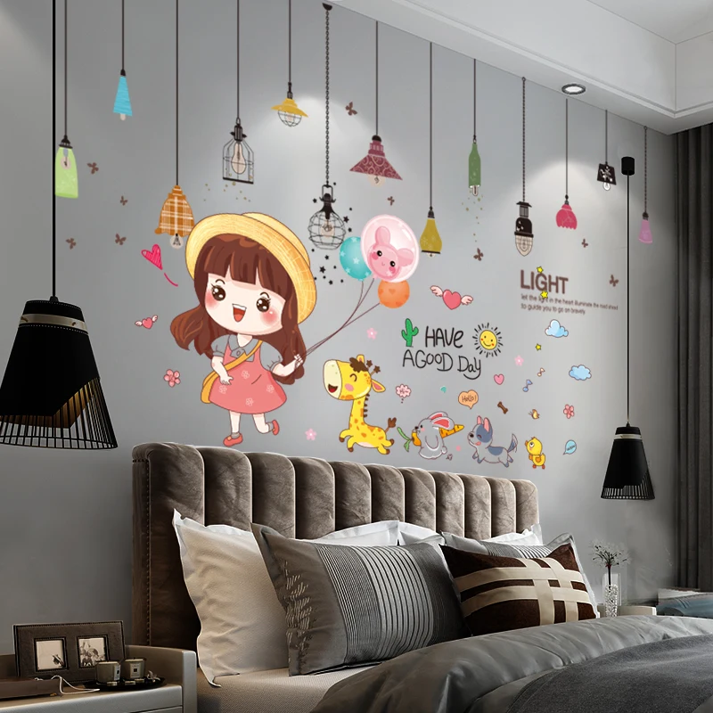 

[SHIJUEHEZI] Girl Animals Balloons Wall Sticker DIY Chandelier Lights Mural Decals for Kids Rooms Baby Bedroom Home Decoration