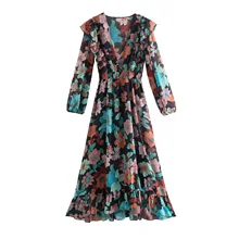 Robe longue en mousseline de soie style bohémien, imprimé Floral, Maxi, taille élastique, col en V, à volants, décontractée, trapèze, 2021 