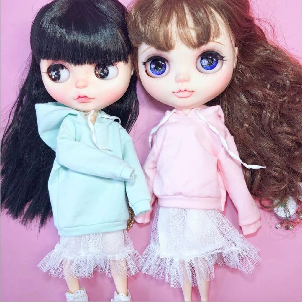 Fashion Long Sleeve Hoodie Veil Skirt Outfit for 12inch Blythe Licca Pullip Dolls Clothes Accessories Blue