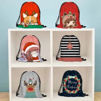 

New Arrived Cute Print Christmas Gift Bag Casual Drawstring Bag Flower Printed Backpack Storage Draw String Bag mochila #C10