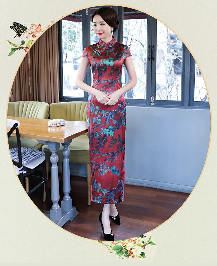 Flower Cheongsam Photo Shoot Spring Silk Long Printed Cheongsam Stand Collar Slim Fit When