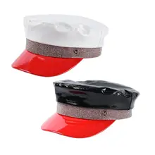 Дамская осенне-зимняя шапка с красными полями, стразы, уличная Кепка с плоским верхом из ПУ в стиле милитари, D08E