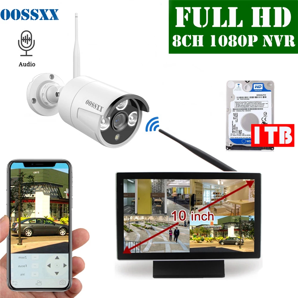OOSSXX 8CH 1080P Беспроводной NVR комплект 10' монитор беспроводной CCTV 1 шт. Аудио Крытый