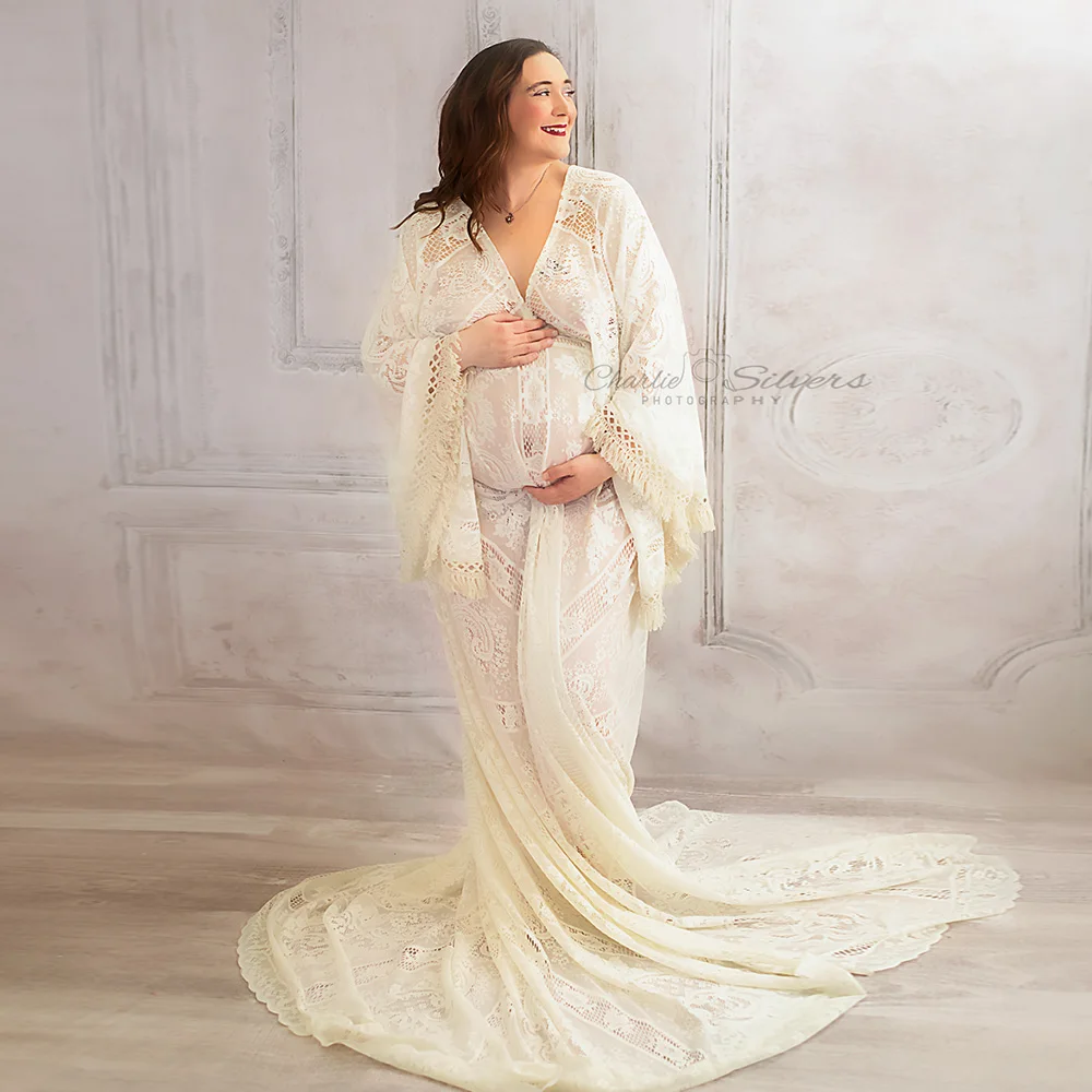 

Bohemian Long Bell Sleeves Maternity Dress Pregnant Gown Lace Robe Kaftan Couture for Woman Photography Prop Baby Shower Dress