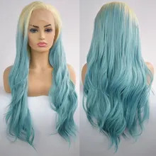 Медовый блондин Омбре синий синтетический парик на кружеве объемная волна термостойкие волокнистые волосы свободный пробор естественная линия волос для женщин парик
