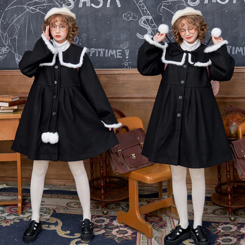 Японский колледж Стиль мех матросский воротник свободные черные шерстяные пальто Kawaii мягкие девушки студентов зимнее пальто куртка Лолита